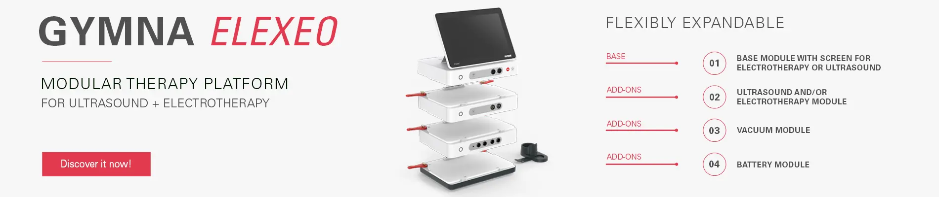 Promo banner: Gymna Elexeo Modular therapy platform for ultrasound and electrotherapy. Discover it now