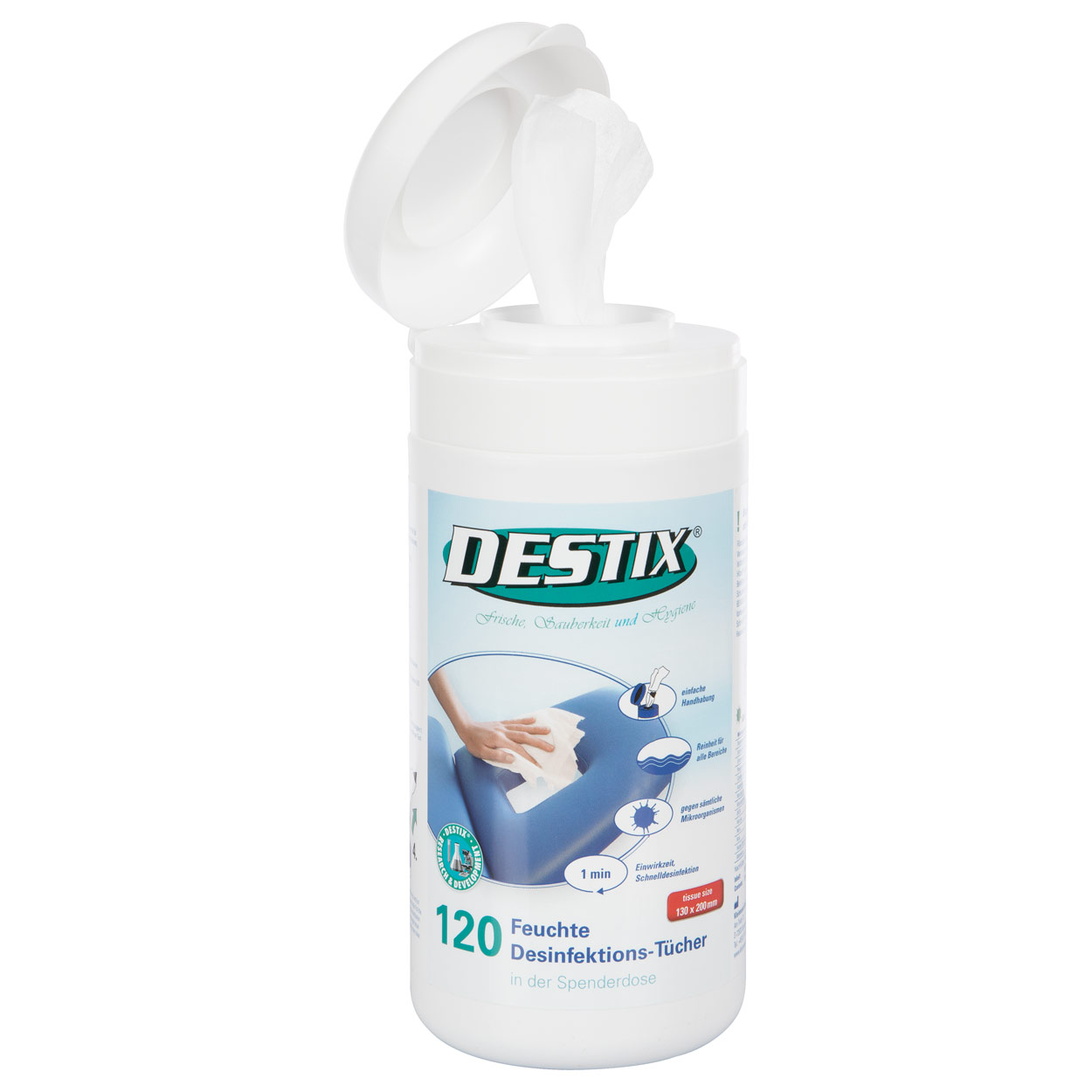 DESTIX disinfectant wipes in dispenser box, 13x20 cm, 120 pieces = 2.6