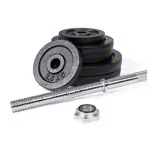 Image shows Barbell set, 80 kg, 4 x 10 kg 4x 5 kg, 4x 2.5 kg, 13-pcs.