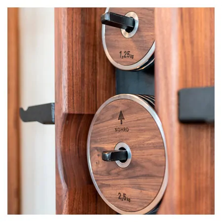 NOHrD WeightPlate Tower 2x dumbbells, 1x barbell 20x weight plates, walnut