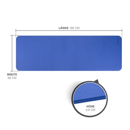 Pilates and yoga mat, LxWxH 180x60x0.6 cm, blue