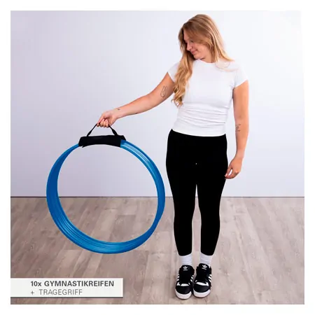 Plastic gymnastic hoops, set of 10, 80 cm diameter, with carrying handle
