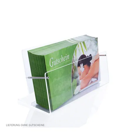 Voucher stand made of acrylic glass
