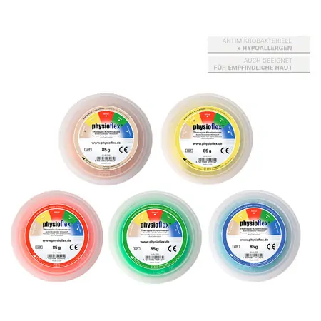Physioflex therapy kneading mass, set: 85 g, 1x each extra soft, soft, medium, hard, extra hard