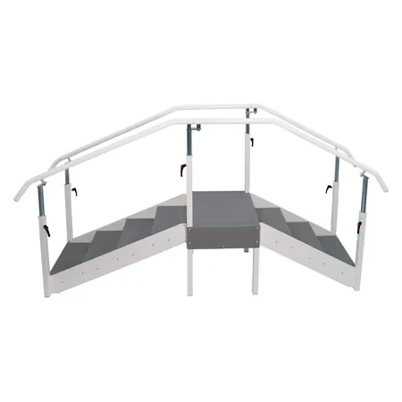 Exercise staircase with adjustable handrails, corner section