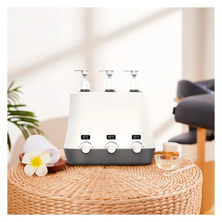Massage oil warmer, 3-way, incl. 3 dispenser bottles