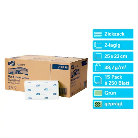 Tork folded paper towel advanced H3, 25x23 cm, 15x250 piece, green