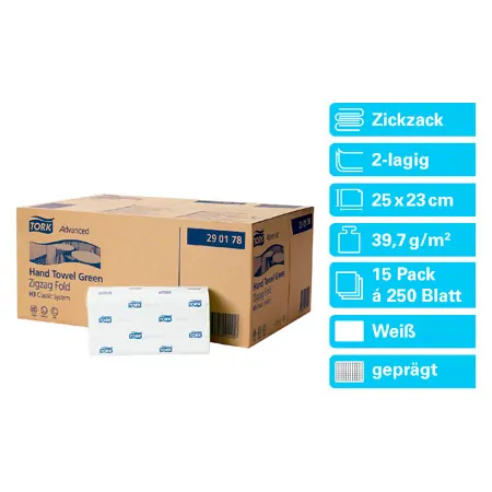 Tork folded paper towel H3, 25x23 cm, 15x250 piece, white