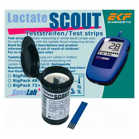 72 test strips in a dispenser box for Lactate Scout