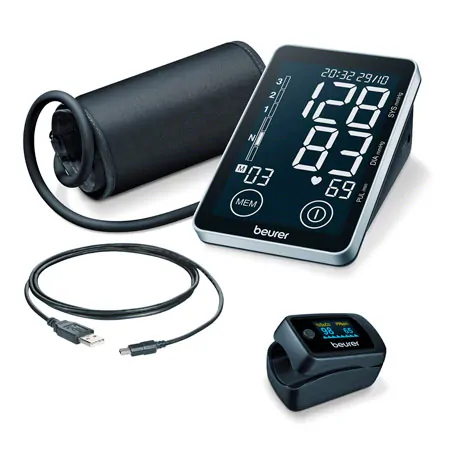 BEURER measuring device set, 2-piece, upper arm blood pressure monitor BM 58 + finger pulse oximeter PO 45