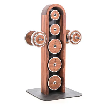 NOHrD WeightPlate Tower 2x dumbbells, 1x barbell 20x weight plates, walnut