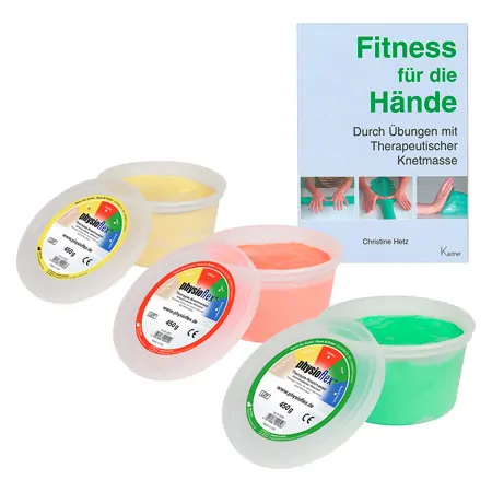 Physioflex Therapy Clay, set: 450 g, soft, medium, strong, incl. Book