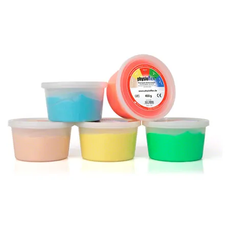 Physioflex therapy kneading mass, set: 450 g, 1x each extra soft, soft,medium, hard, extra hard
