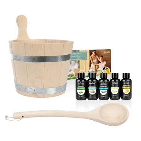 Sauna starter set 8 pcs, infusion bucket + ladle + 5 different  sauna fragrances  50 ml