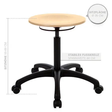 Standard swivel stool with wooden seat and rolls