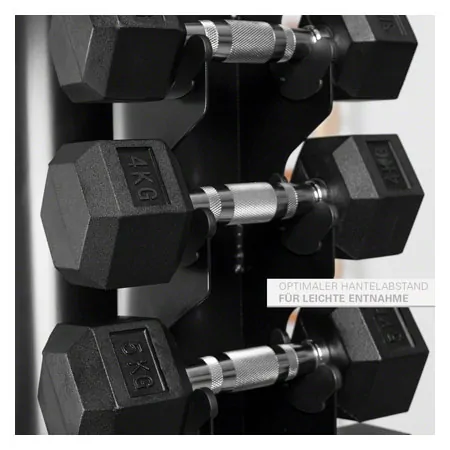 Dumbbell tower set with 10 pairs of hex dumbbells, 1-10 kg, LxWxH 51x51x123 cm