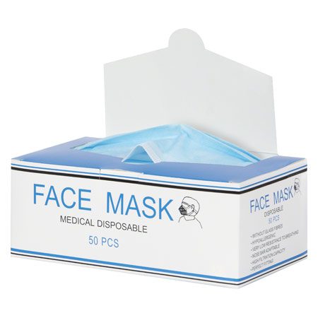Medical disposable face mask with elastic band and nose clip, 50 pieces, blue