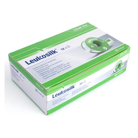 Leukosilk with protective ring, 5 m x 2.5 cm, 12 pieces