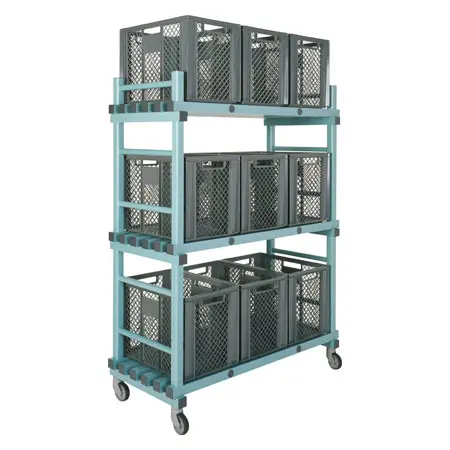 Plastic material cart set, 10 pcs., 3 shelves, mobile, incl. 9 containers