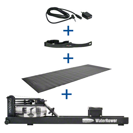 WaterRower rowing machine Shadow, incl. S4 Monitor, heart rate receiver, chest strap POLAR T31 and floor mat, set 4-pcs.